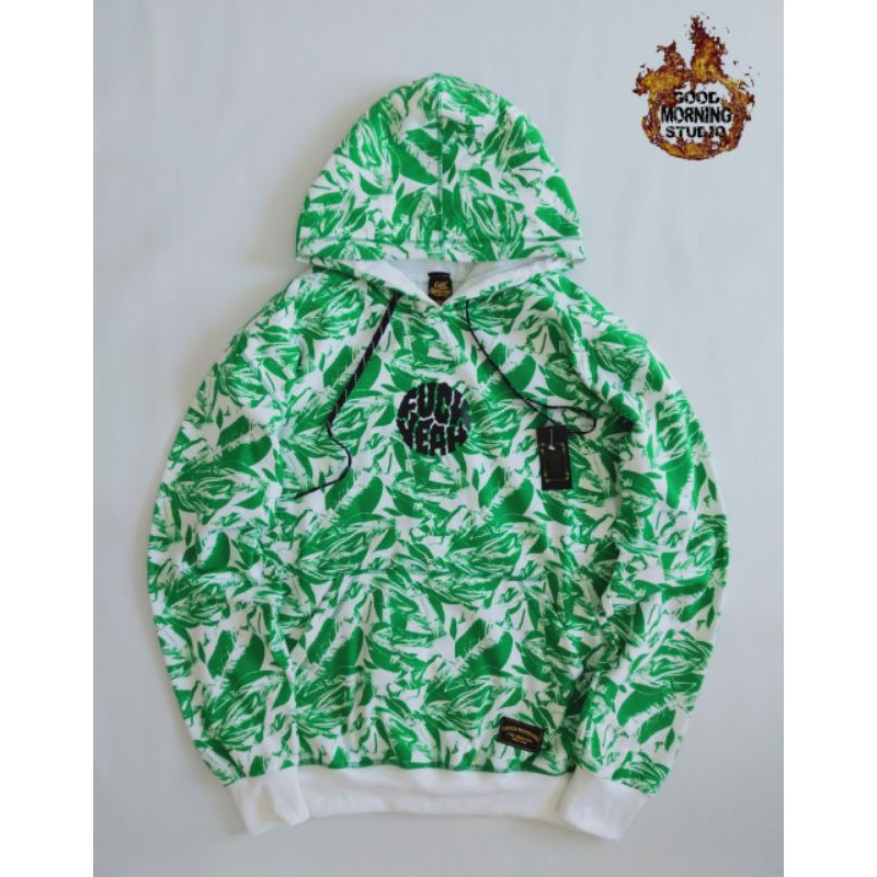 GOOD MORNING SWEATER HOODIE Sweater cewek cowok Sweatshirt white and green leaf art seri GM1126