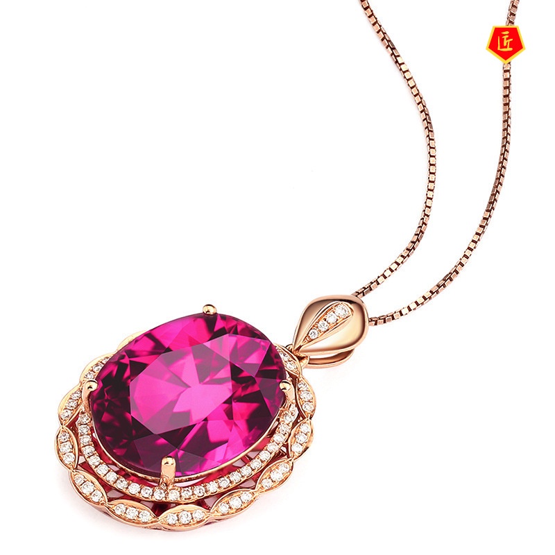 [Ready Stock]Luxury Oval Tourmaline Pendant Rose Gold Necklace Women's Fashion Accessories