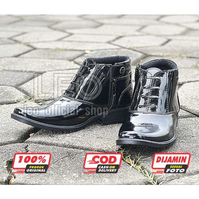 Sepatu PDH 03 Polri Dinas Satpam TNI Security Polisi Sepatu Kerja Pria Hitam Glossi Kulit Syntetic Asli Resliting - DP03