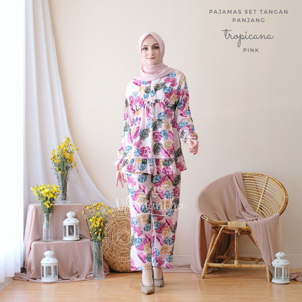 vSamantha - Pajamas Set / Piyama Set Muslim Rayon Rempel Busui Friendly - Tangan Panjang II-Tropicana Pink