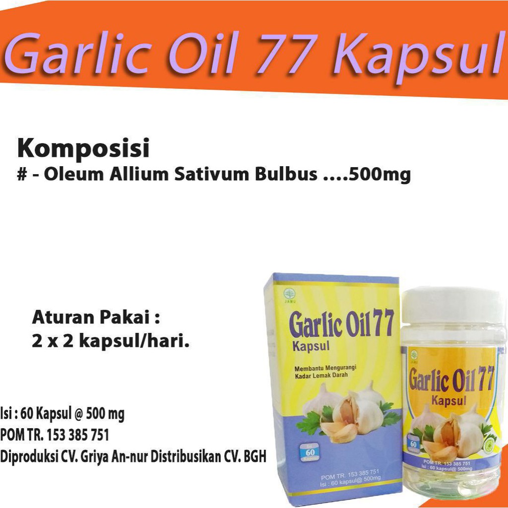 Garlic Oil 77 POM 60 Kapsul Obat Pilek - Batuk - TBC Garlic Oil 77 POM 60 Kapsul Meningkatkan produksi sperma pada sel pria Mencegah dan mengobati TBC, asthma, bronchitis dan masalah paru lainnya Mencegah radang selaput otak belakang Mencegah kerusakan se