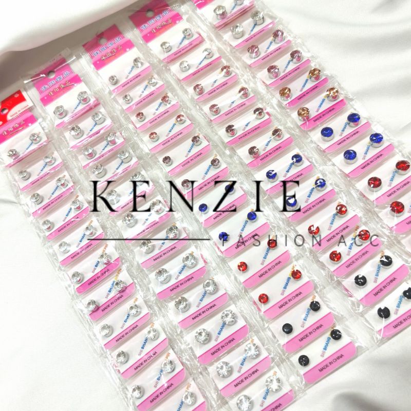 Anting Magnet Permata Zircon isi 12 Pasang Kemasan Card Pink Harga Grosir