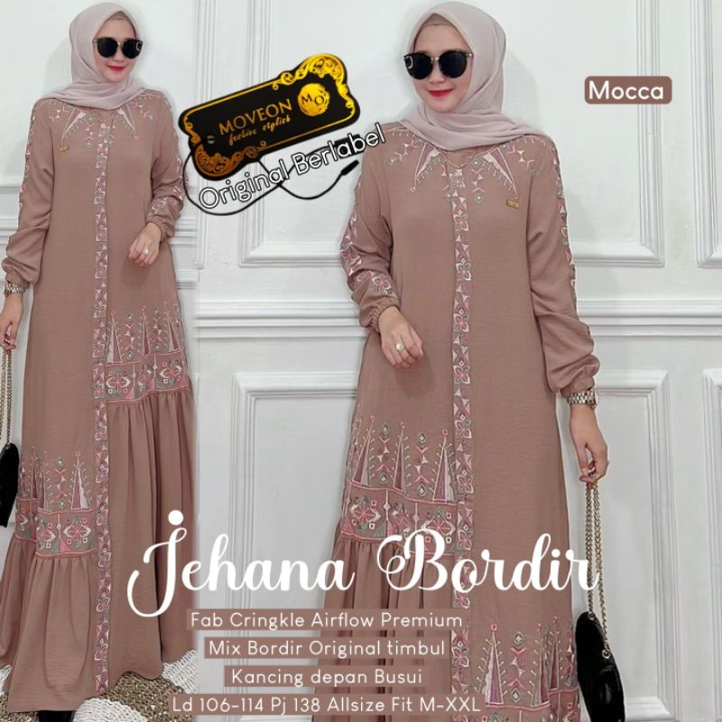 JEHANA BORDIR Gamis Dres Bordir Timbul Zipper Depan Ori Move On