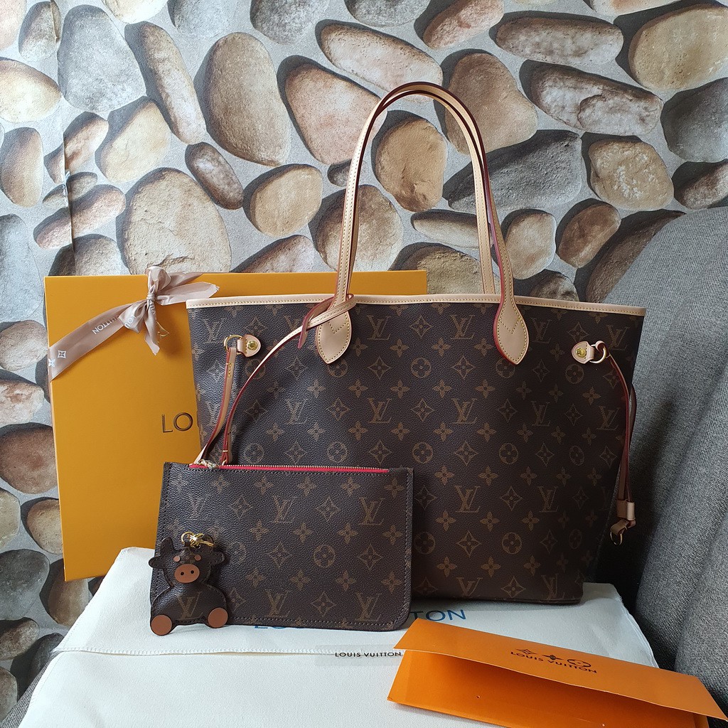 Tas LV Neverfull MM Canvas Pouch Red Cerise MONOGRAM