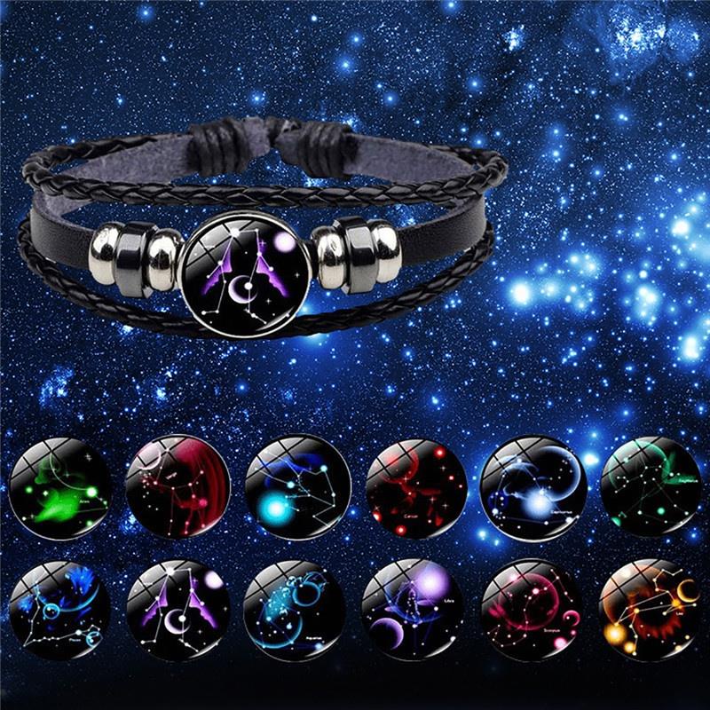 Gelang Kulit Multilayer Desain 12 Zodiak Glow in the Dark Untuk Pria Dan Wanita