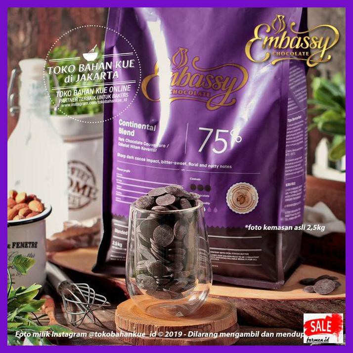 

SAKMACOKLAT- EMBASSY CHOCOLATE - CONTINENTAL 75% 2,5KG DARK COUVERTURE COKLAT TULIP -MAKANAN-