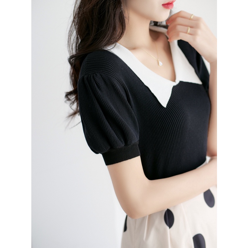 【Elegant】Summer Korean  Retro Soft Knit V Neck T-Shirt 7480