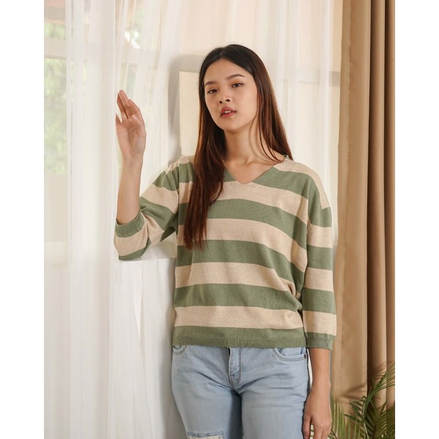 Nara Sweater Stripe Basic V neck Cotton Knit (288)