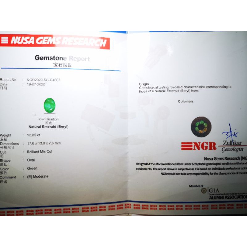NATURAL ZAMRUD COLOMBIA CUTTING MEMO CERTIFICATE NGR