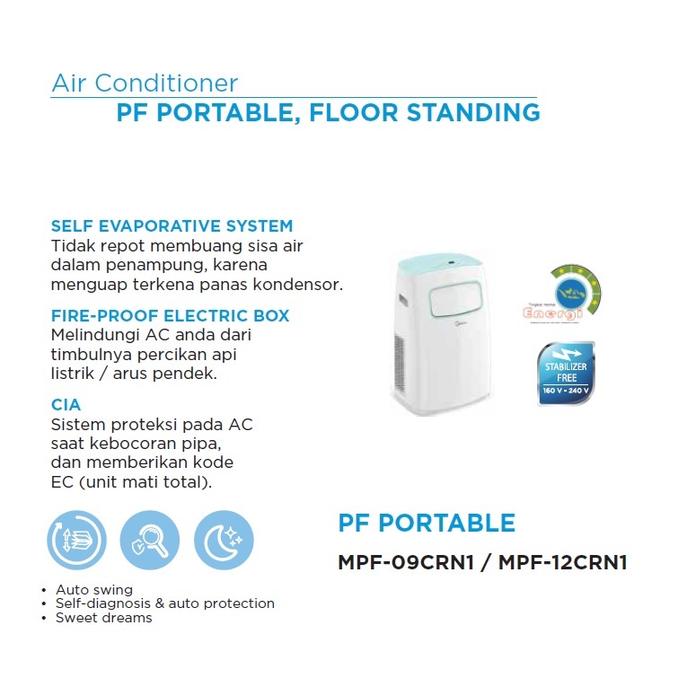 Midea AC Portable 1.5 PK MPF2-12CRN1 Self-Diagnosis &amp; Auto Protection