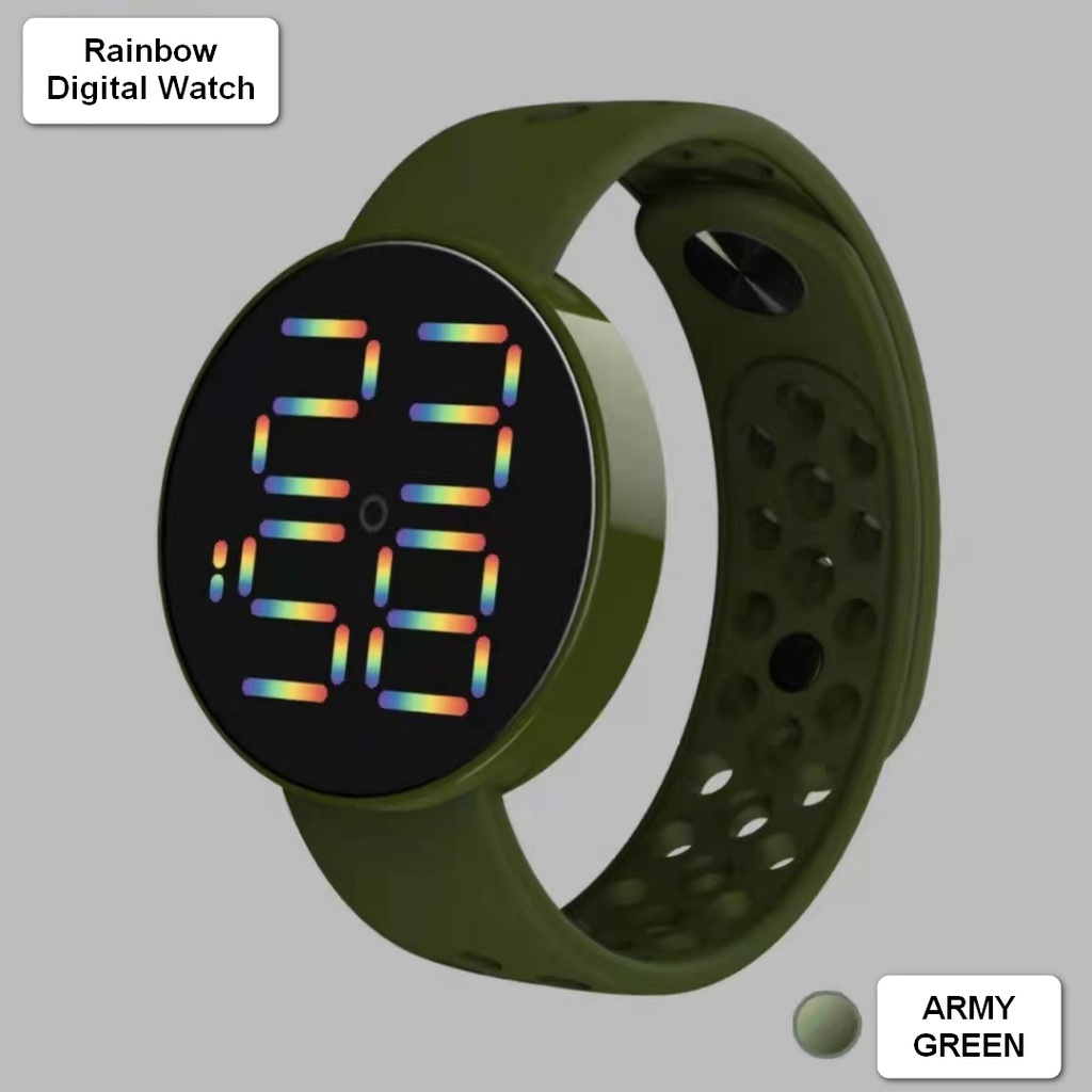 JAM TANGAN DIGITAL ANTI AIR MURAH RAINBOW WATCH KARET SPORT LED PRIA WANITA COUPLE HIGH QUALITY COD-ARMY GREEN