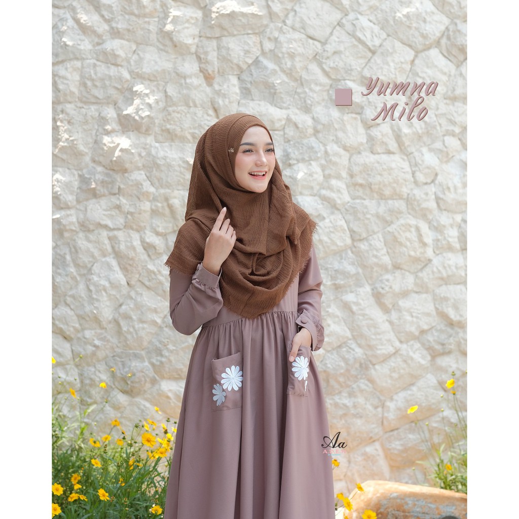 Gamis Syari Bordir Bunga Murah Wollycrepe Premium Yumna Ori by Aden Hijab