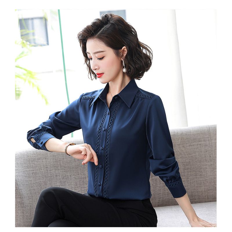 Kemeja wanita biru cantik satin Korea lengan panjang elegant