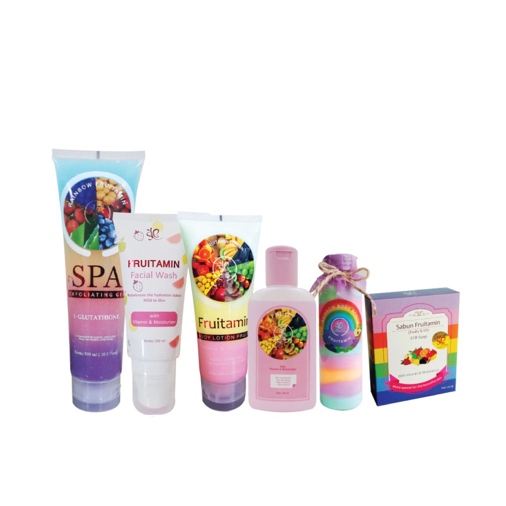 

Paket Fruitamin Original 100% by SYB ( Spa,Lotion,Sabun,Facial Wash,Body Scrub, Water Body Serum )