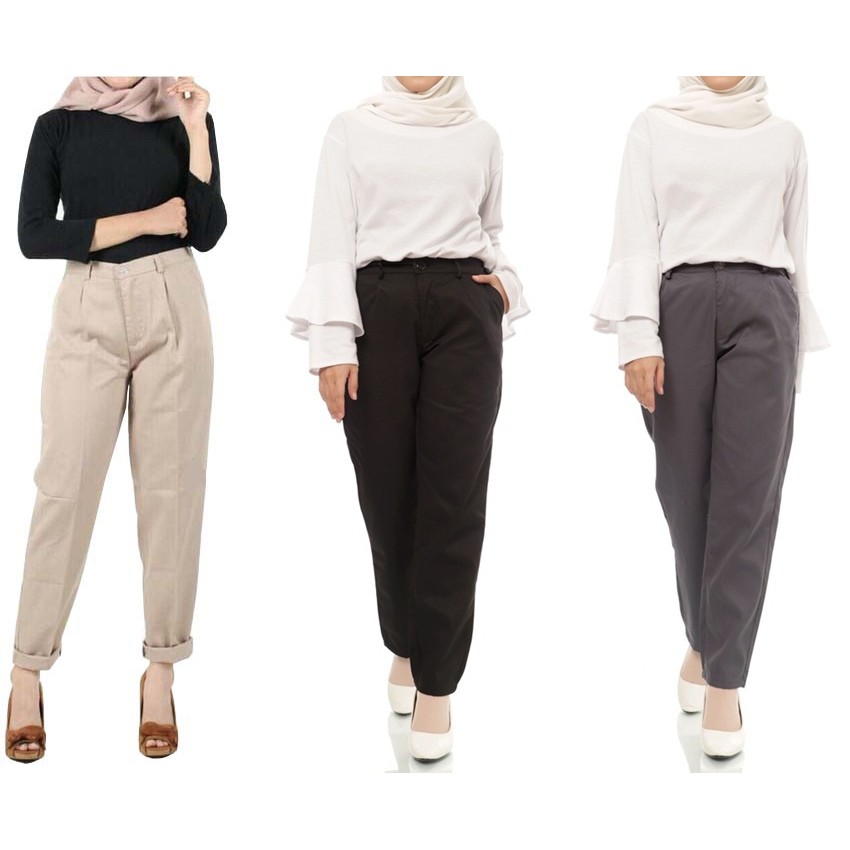 Celana Kerja Celana Bahan Katun Strecth Celana wanita Baggy Kancing, Celana Kantor Kuliah Formal, Baggy Pants