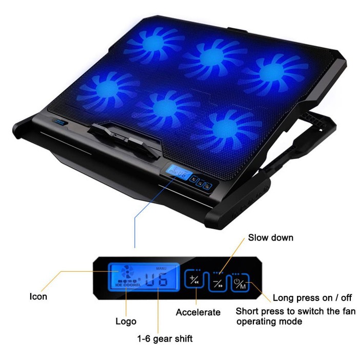 COOLING PAD LAPTOP KIPAS NOTEBOOK GAMING 6 KIPAS PLUS SPEED CONTROL ICE COOREL K6 6 FAN