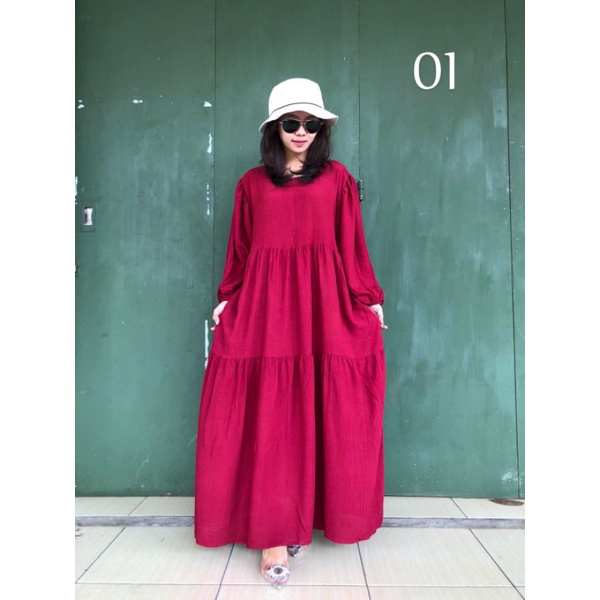 Midi dress crinkle/dress polos/lengan balon