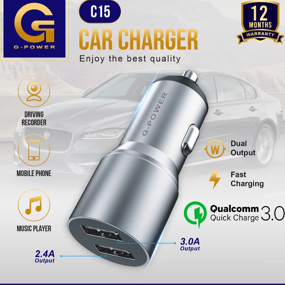 GPOWER Car Charger C15  2 Port 18W USB QC 3.0 Garansi 1 tahun