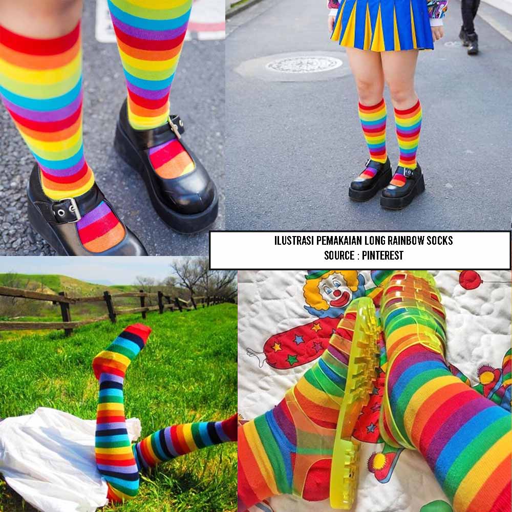 READY STOCK kaos kaki rainbow panjang se lutut / knee rainbow socks kpop harajuku