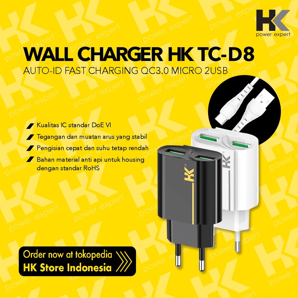 Charger Cas HK TC-D8 AUTO-ID Batok Fast Charging Qualcomm QC 3.0A MICRO 2USB