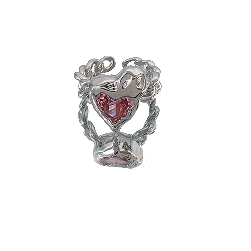Cincin Model Terbuka Desain Hati Asimetris Hias Kristalzircon Warna Pink Untuk Wanita