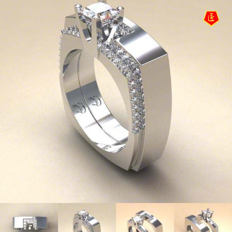 [Ready Stock]Creative Square Inlaid Diamond Ring Set