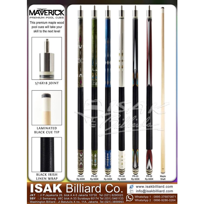 Maverick Pool Cue Pr-02 - Premium Maple Stick Billiard Stik Biliar Ori