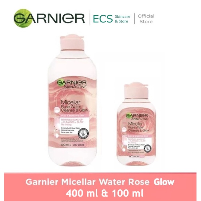Garnier Micellar Rose Water Cleanse &amp; Glow 125ml / 400ml - Pembersih Wajah Kulit Kusam &amp; Sensitif