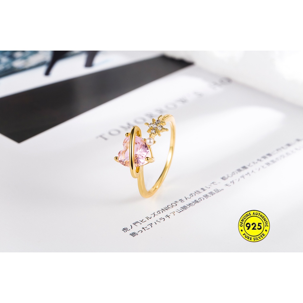 Cincin Model Terbuka Bahan Sterling Silver Gold Plated 18K Hias Zircon Pink Untuk Wanita