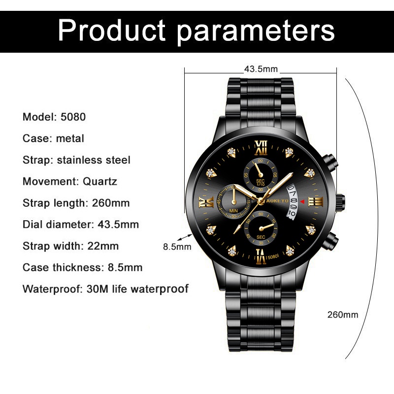【TERMURAH】AOKEYO 5080 Jam Tangan Pria Anti Air Original Luxury Stainless Steel （Free BOX+Kartu Garansi）-5