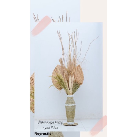 Paket bunga kering gold emas + pot guci aesthetic