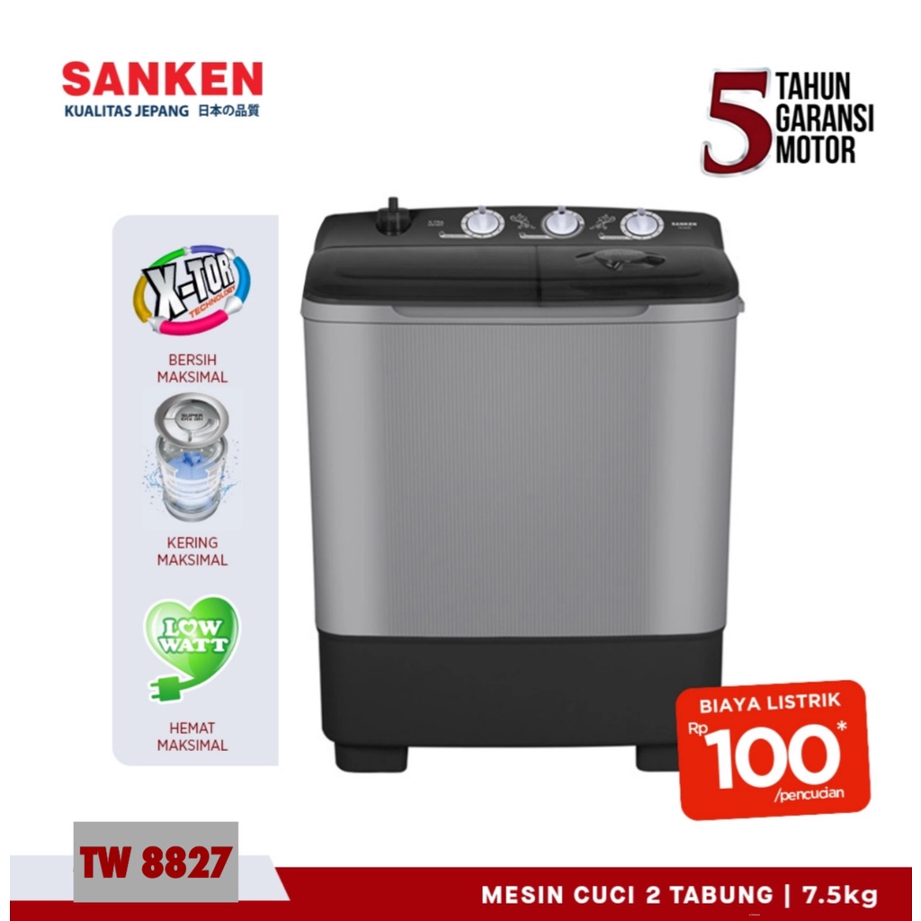 SANKEN Mesin Cuci 2 Tabung 8 Kg Twin Tub - TW-8827EGY - Hitam Low Watt 250 Watt Kapasitas 8kg