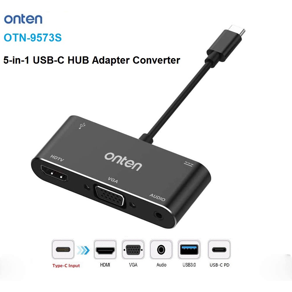 ONTEN OTN-9573S - USB-C to HDMI-VGA-AUDIO-USB 3.0 with PD Charger - Adapter USB-C ke HDMI/VGA/Audio/USB 3.0 + PD Charging 60W