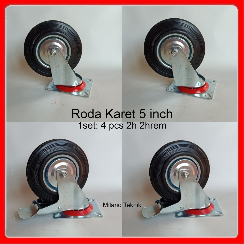 roda troli 5'' inch 2H+2HRem roda karet etalase gerobak