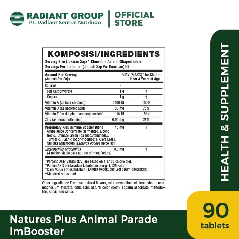 NATURE'S NATURES NATURE PLUS ANIMAL PARADE KIDS IMBOOSTER IMMUNE BOOSTER DAYA TAHAN TUBUH 90 ANIMALS / Natures plus animal parade kids imbooster [90 tabs]