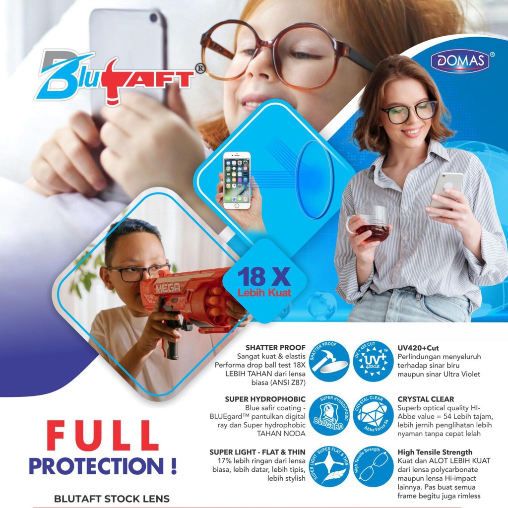 Lensa Kacamata Anti Pecah, Antiradiasi Blueray Original Domas