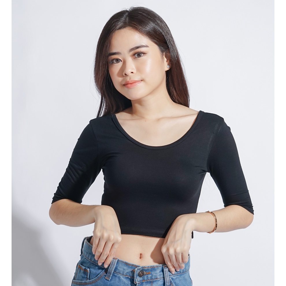 MODAVIE - ZORA Kaos Casual Plain Short Sleeve Crop Top 3/4 Baju Wanita