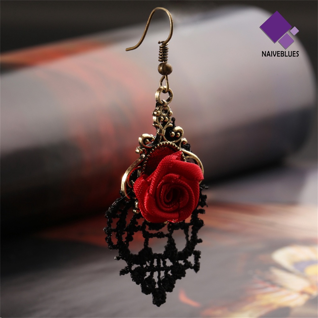 1 Pasang Anting Kait Gantung Wanita Desain Renda Hollow Warna Merah Untuk Hadiah