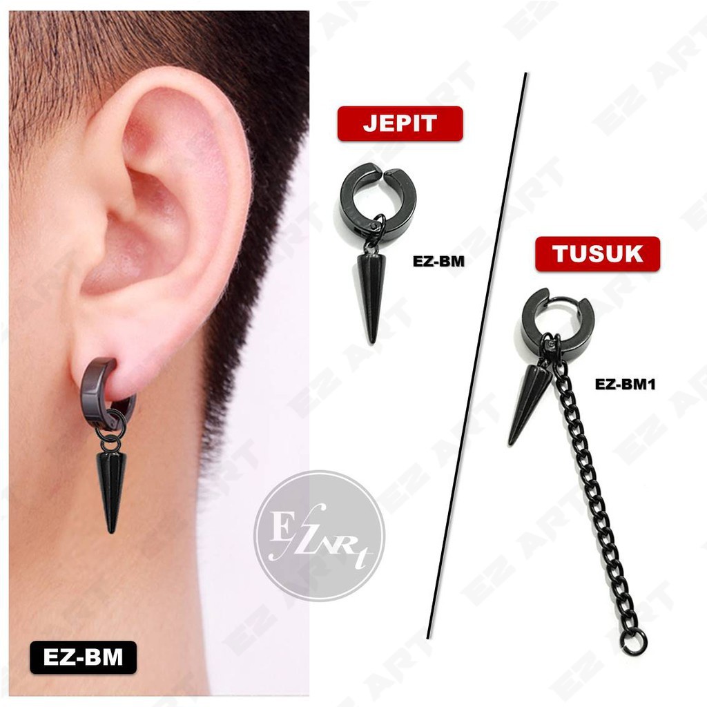 1Pc EZ-BM ANTING BANDUL PENDULUM HITAM BLACK SPIKE STAINLESS STEEL JEPIT TUSUK PRIA WANITA KPOP PUNK