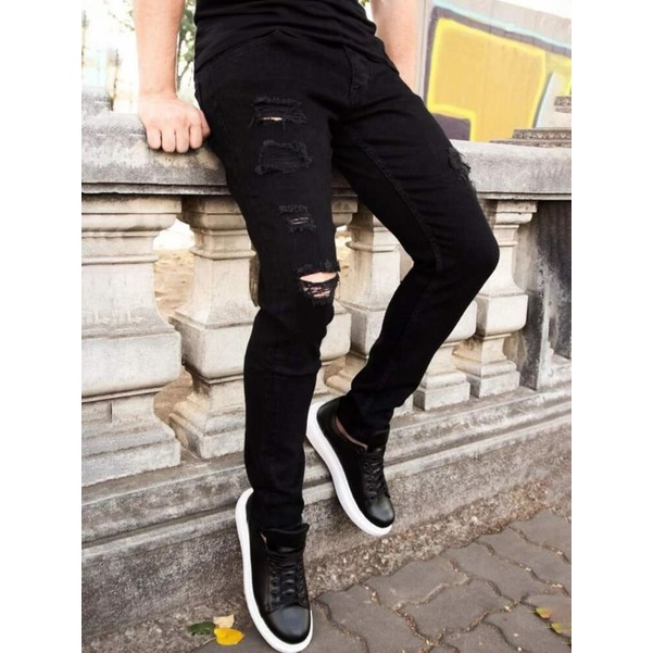 CELANA JEANS SOBEK PRIA RIPPED ROBEK SLIMFIT PENSIL SKINNY STRETCH HITAM PREMIUM 27-38