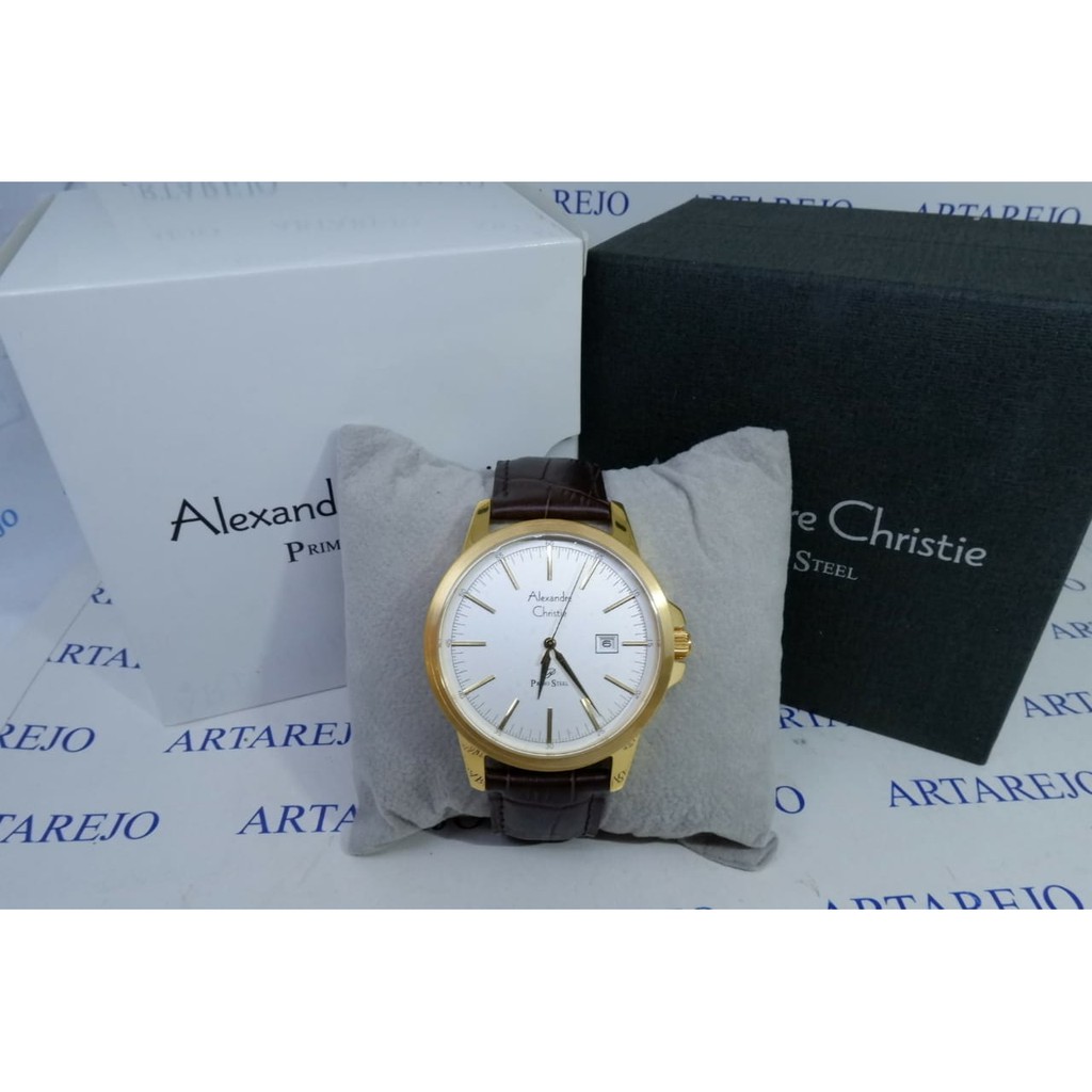 JAM TANGAN PRIA AALEXANDRE CHRISTIE AC 1008 KULIT COKLAT GOLD ORIGINAL