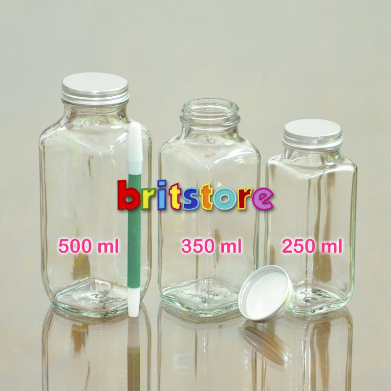 Botol Kaca Segi Empat 250ml 350ml NCP/ Botol Juice Kopi Susu Madu/ Botol Kaca Unik Tutup Silver