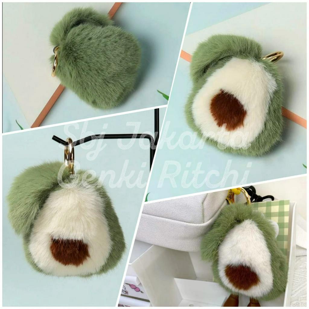 Gantungan kunci alpukat / Keychain avocado / Hiasan tas / Liontin tas bahan plush doll bulu pom pom