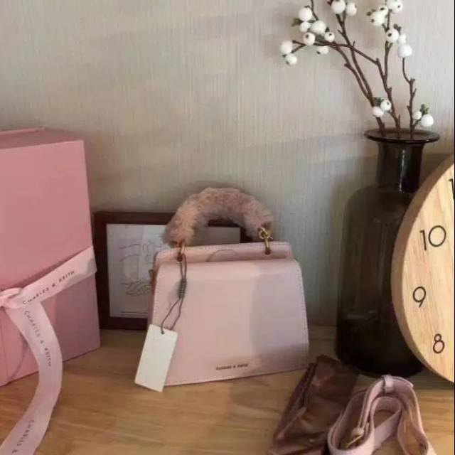 Charles&Keith ribbon bulu pink gift set bag include box