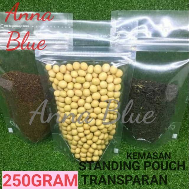 STANDING POUCH 250 GRAM TRANSPARAN/KEMASAN KOPI SNACK/PLASTIK KLIP/KANTONG/PACKAGING