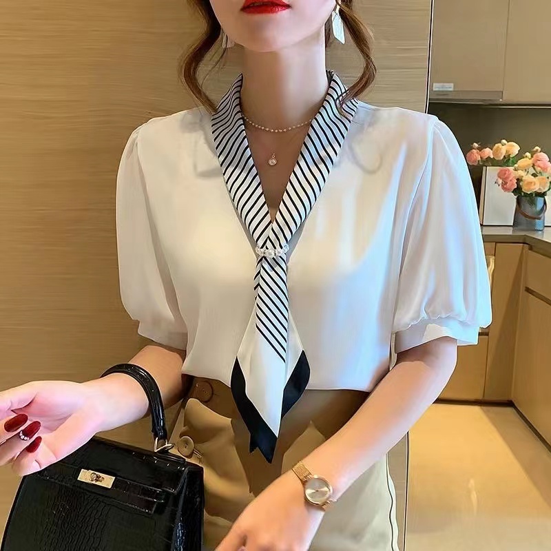 Women V Neck Puff Sleeve Blouse With Silk Scarf Atasan Wanita Lengan Pendek 2056