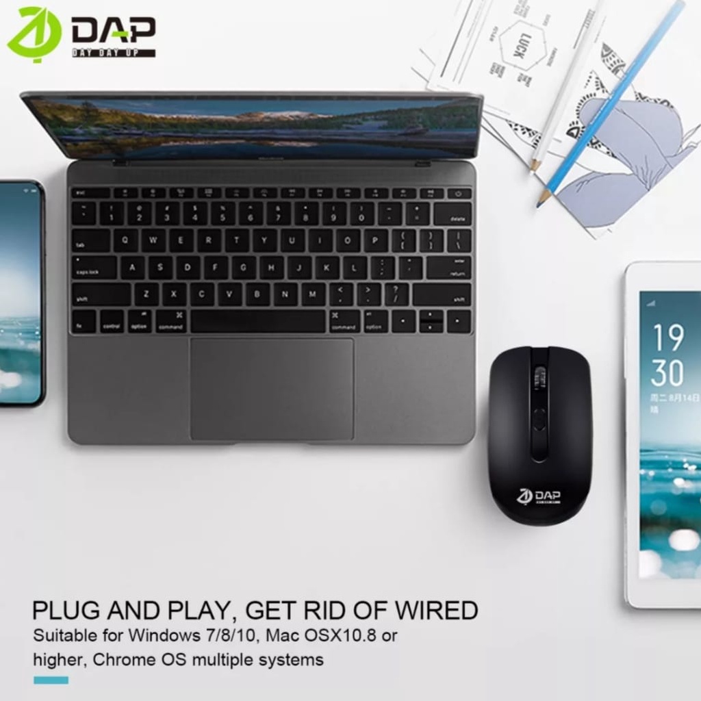 Mouse Bluetooth Wireless DAP W017 2.4GHz Silent Optical Wired 1200DPI Original Free Baterai-Mouse Bluetooth Wireless PC Komputer-Laptop-Windows,Linux.Mac Os Silent