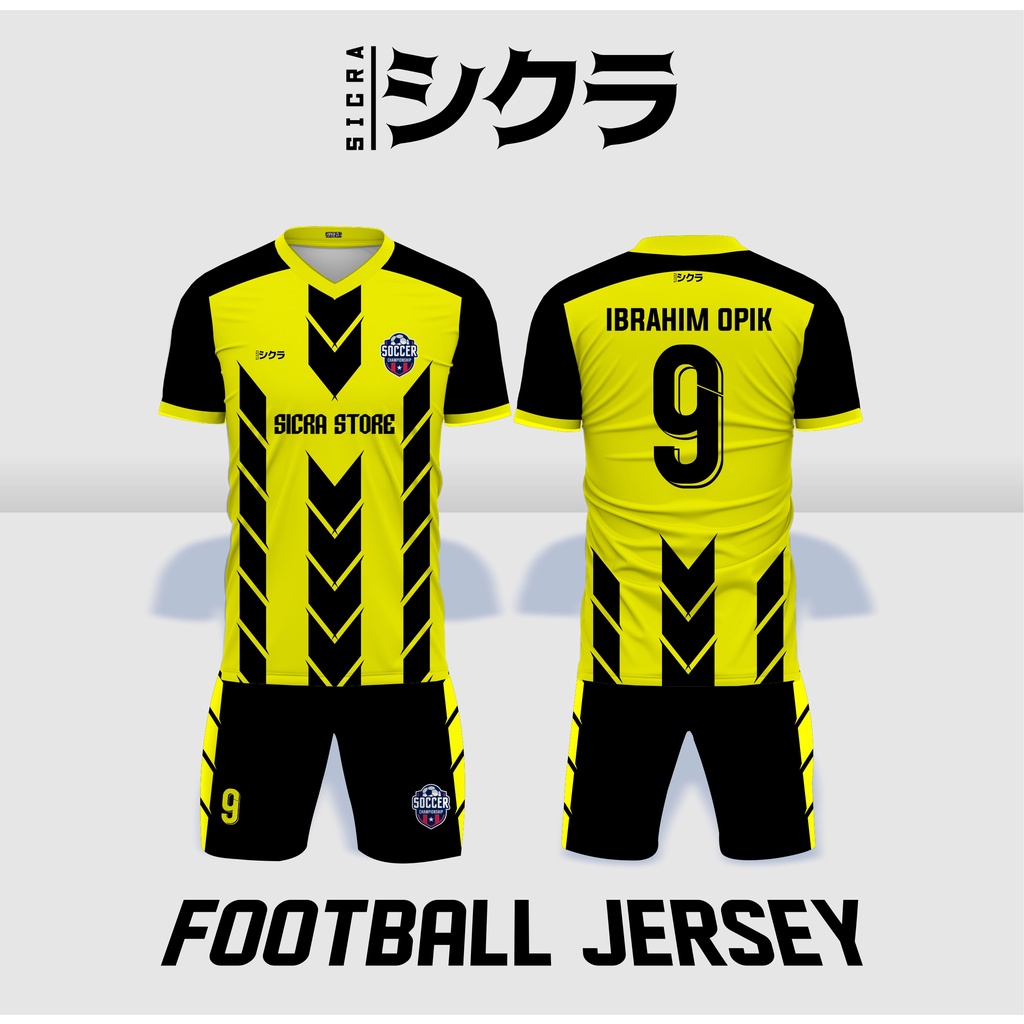 Jersey Futsal Sepak Bola Motif Songket Corak KUNING HITAM Printing Satu Set Jersey & Celana | KUNING