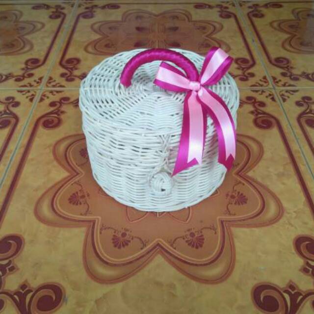 SONI - Keranjang Rotan KOPER BULAT Hias Pita Warna Hampers Aqiqah Siraman 1 Bulanan Murah (18x18x12)