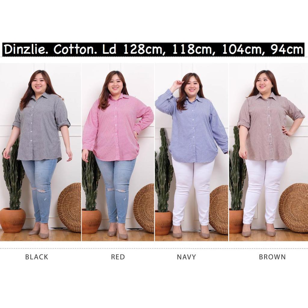 Dinzlie Kemeja Atasan Wanita Bahan Cotton Yanded Motif Kotak Kecil Meidi